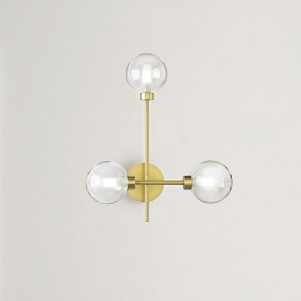Applique murale Dom en laiton, doré brossé et transparent, 3 lumières, hauteur 48,5 cm