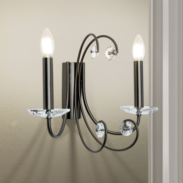 Applique murale Ariane en cristal, nickel et transparent, 2 lumières, hauteur 29 cm