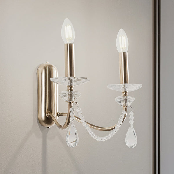 Applique murale Adone en cristal, transparent et laiton, 2 lumières, hauteur 30 cm