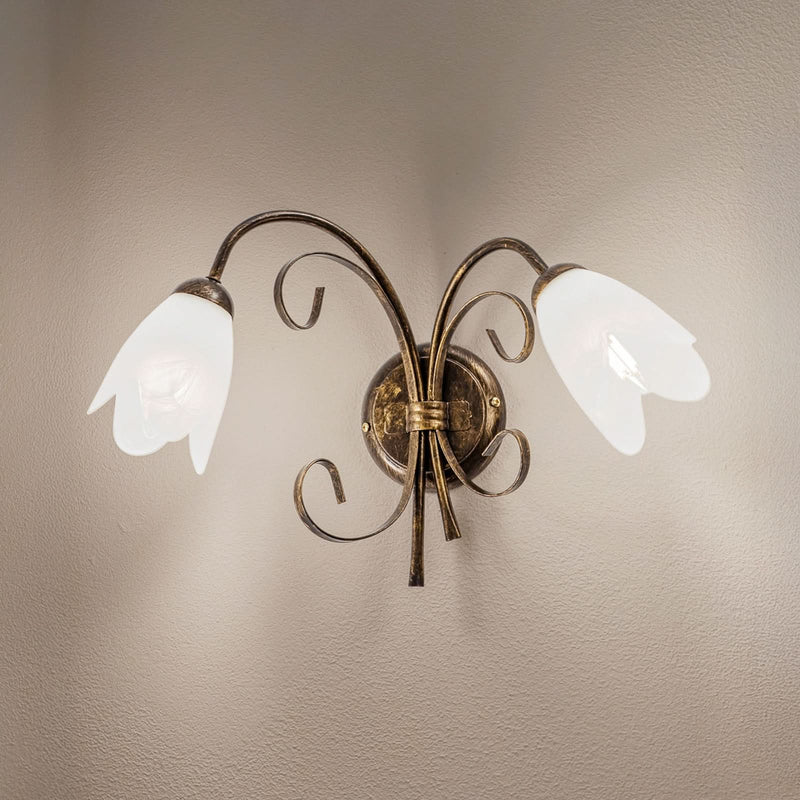 Applique murale Odino en verre, bronze et blanc satiné, 2 lumières, hauteur 30 cm