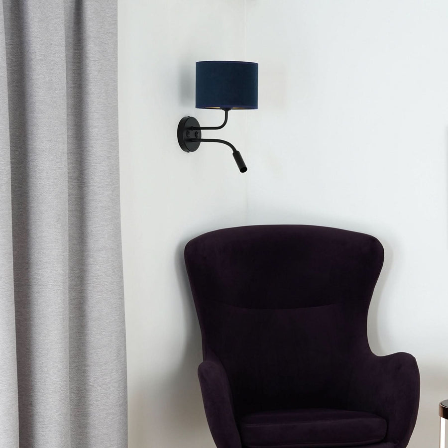 Applique murale Roller en velours, noir et bleu foncé, 2 lumières, hauteur 30 cm