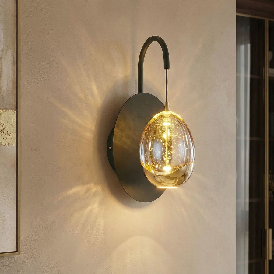 Applique murale LED Golden EGG en verre, ambre transparent et noir, hauteur 28 cm
