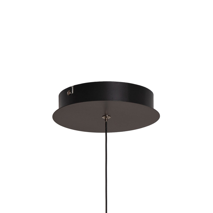 Détail de la rosace noire fixée au plafond et du câble de suspension.