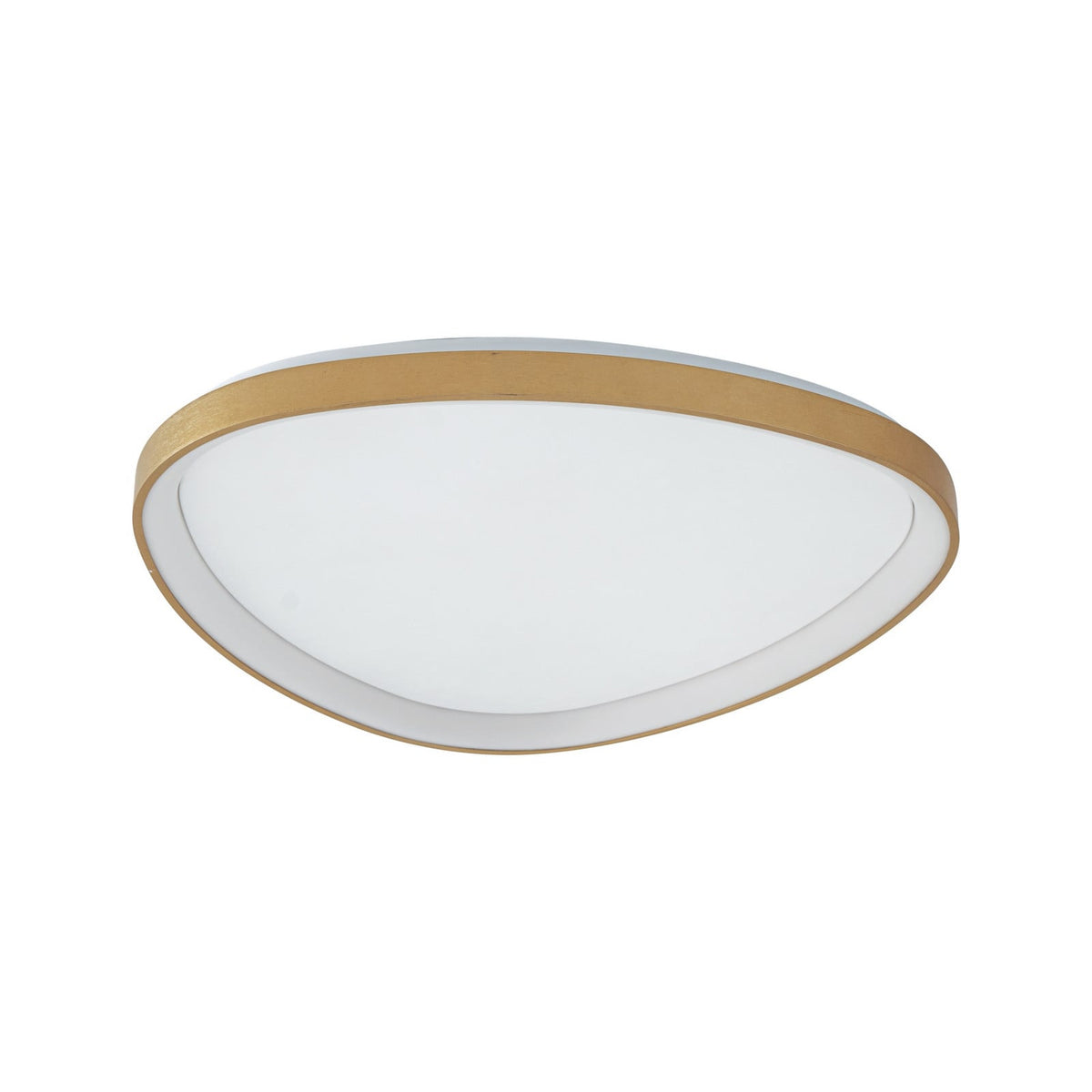 Vue de face du plafonnier ovale doré sur fond blanc, diffuseur lumineux blanc.