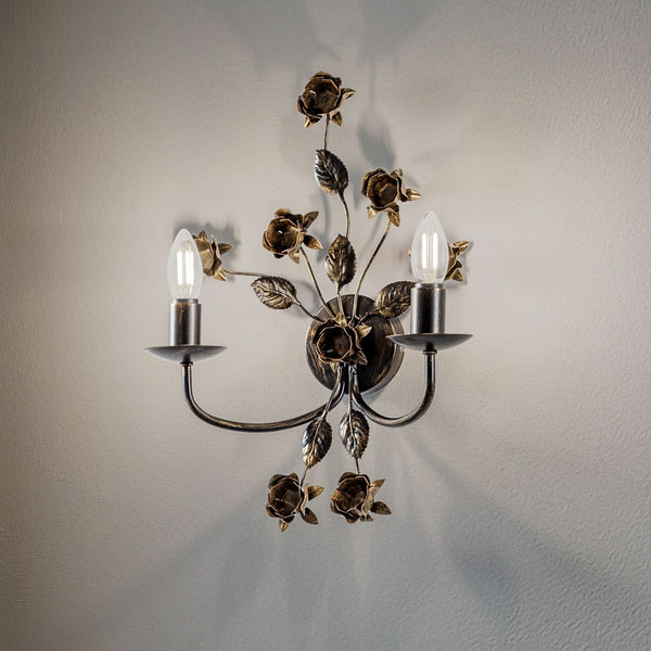 Applique murale Carolina en fer forgé, bronze, 2 lumières, hauteur 40 cm