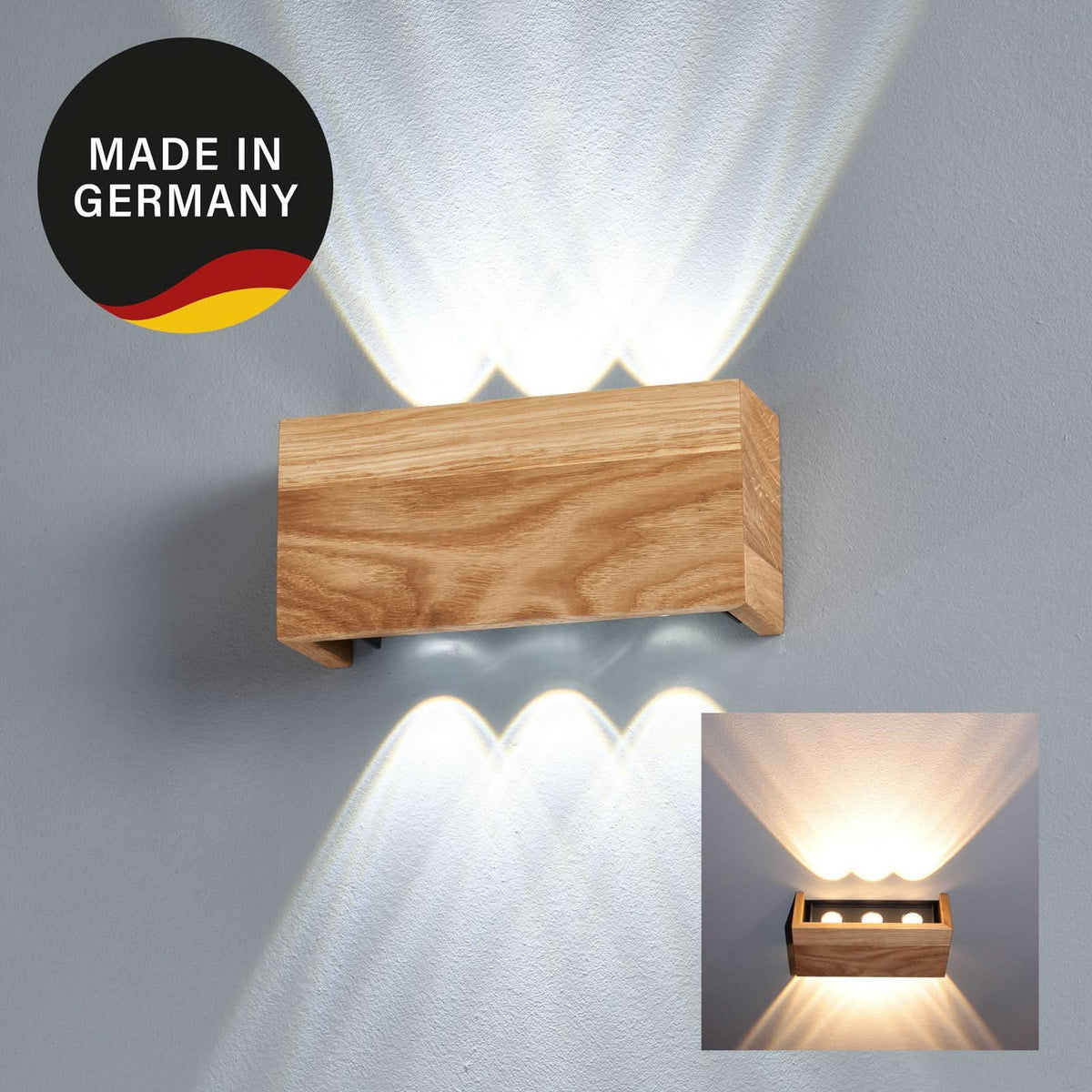 Applique murale LED Shine-Wood en chêne, noir, hauteur 10 cm