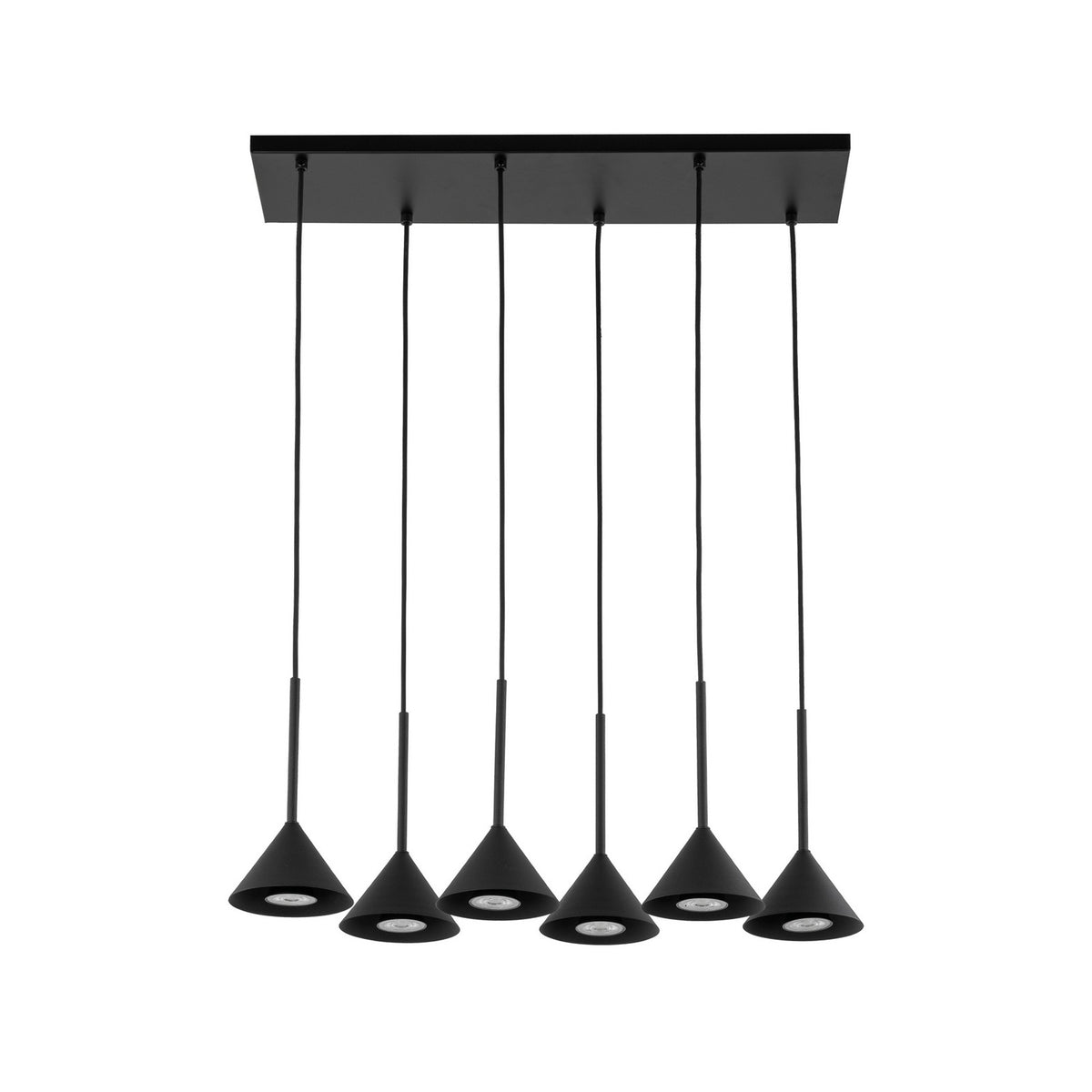 Produit de face sur fond blanc : platine rectangulaire noire et six suspensions coniques.