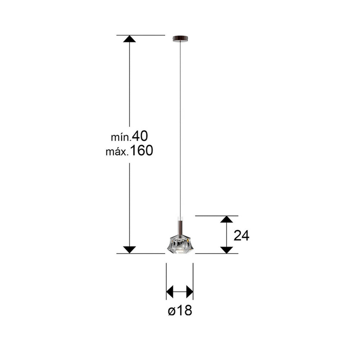Schéma de dimensions avec hauteur réglable de 40 à 160 cm et diamètre 18 cm.