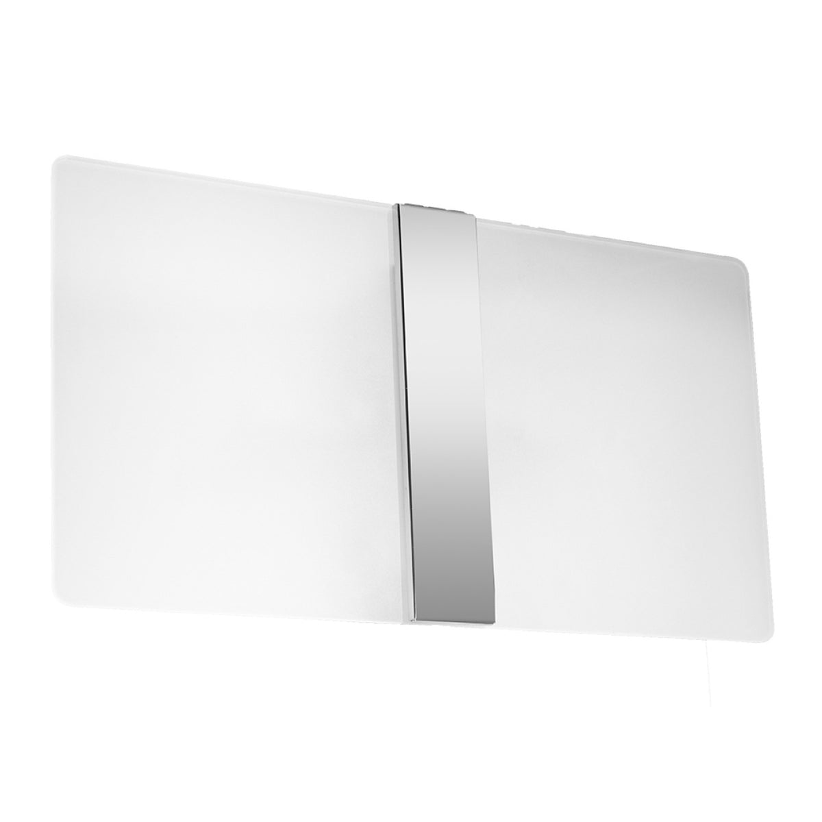 Applique murale rectangulaire en verre opalin, bandeau central chromé, fond blanc neutre