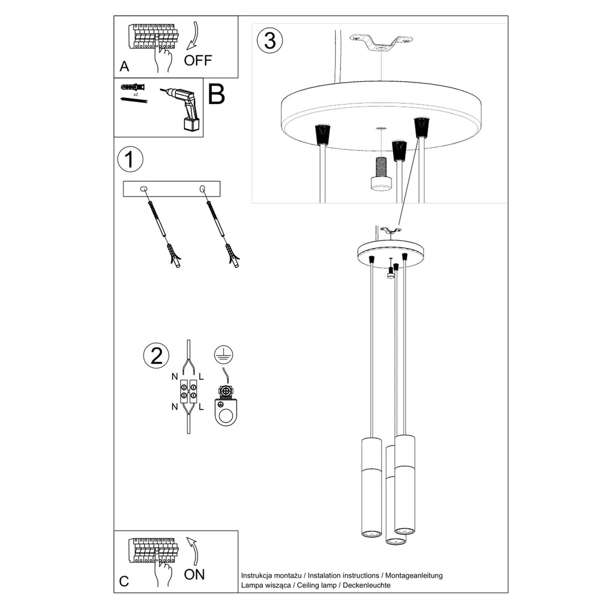 Notice de montage illustrée avec étapes de fixation au plafond et raccordement électrique