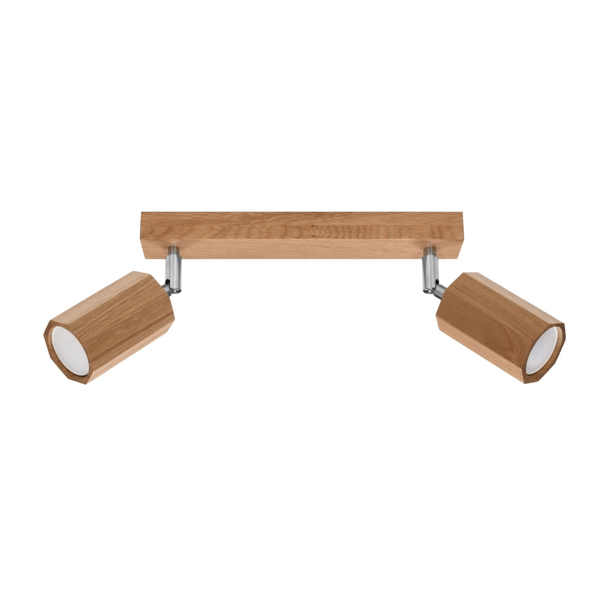 Vue de face du plafonnier deux spots en chêne clair, orientables.
