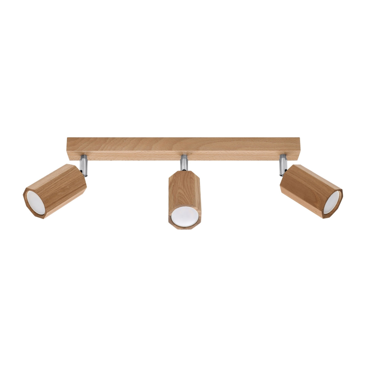 Produit de face sur fond blanc, trois projecteurs cylindriques en bois clair.