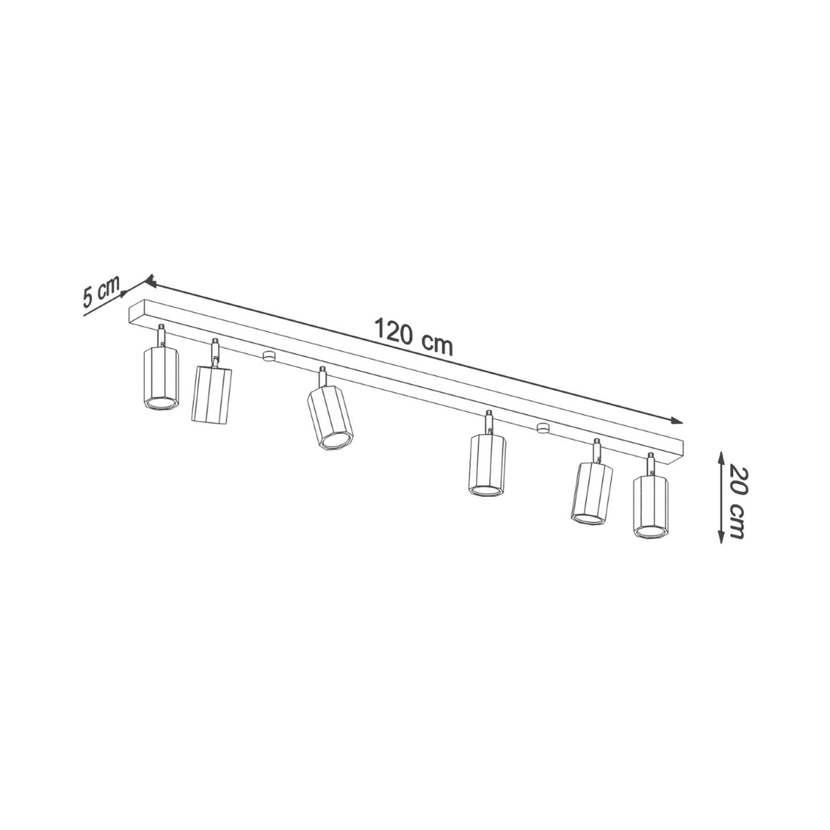 Schéma coté : 120 cm de long, 20 cm de haut, 5 cm de large.