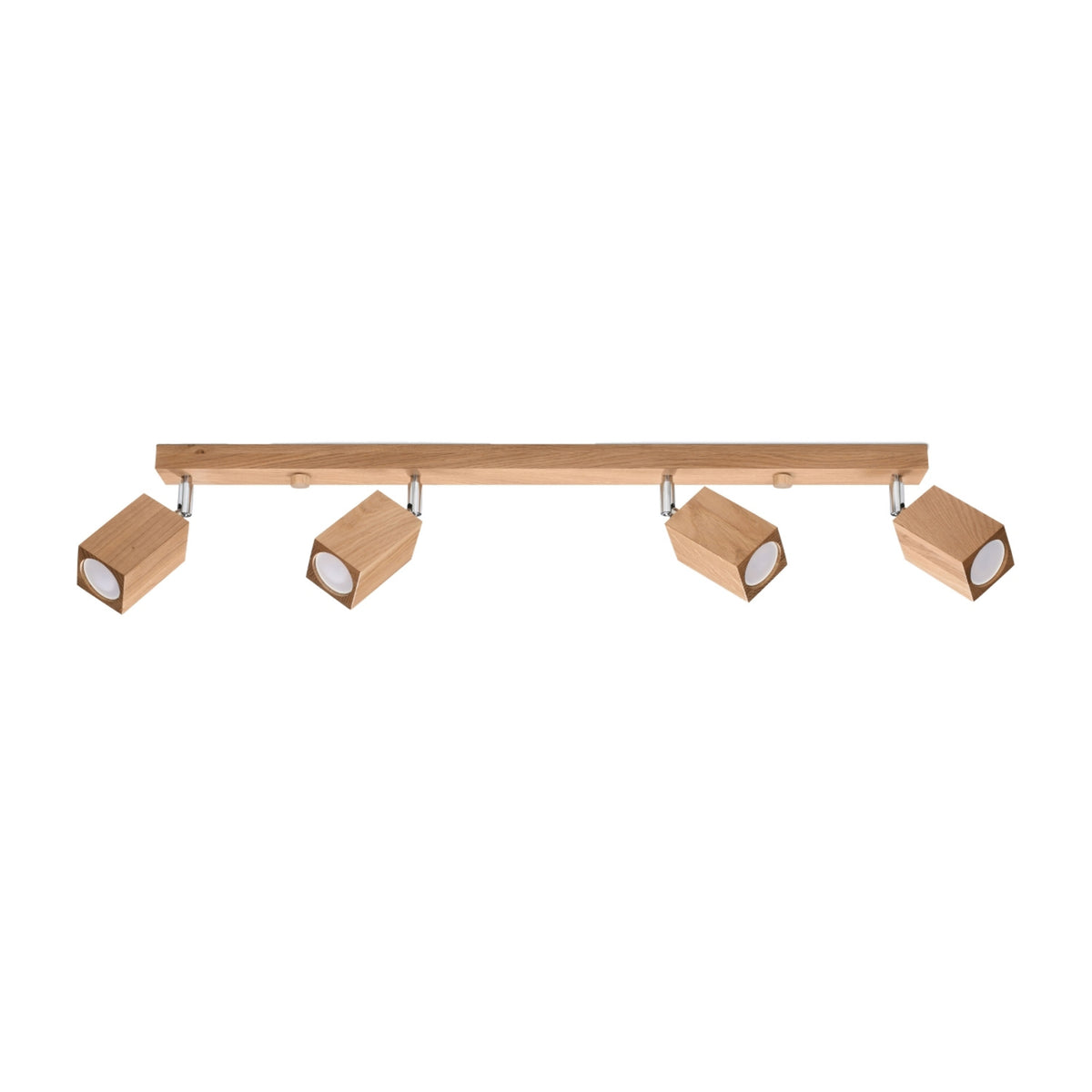Vue de face sur fond blanc du plafonnier en bois clair avec quatre spots orientables