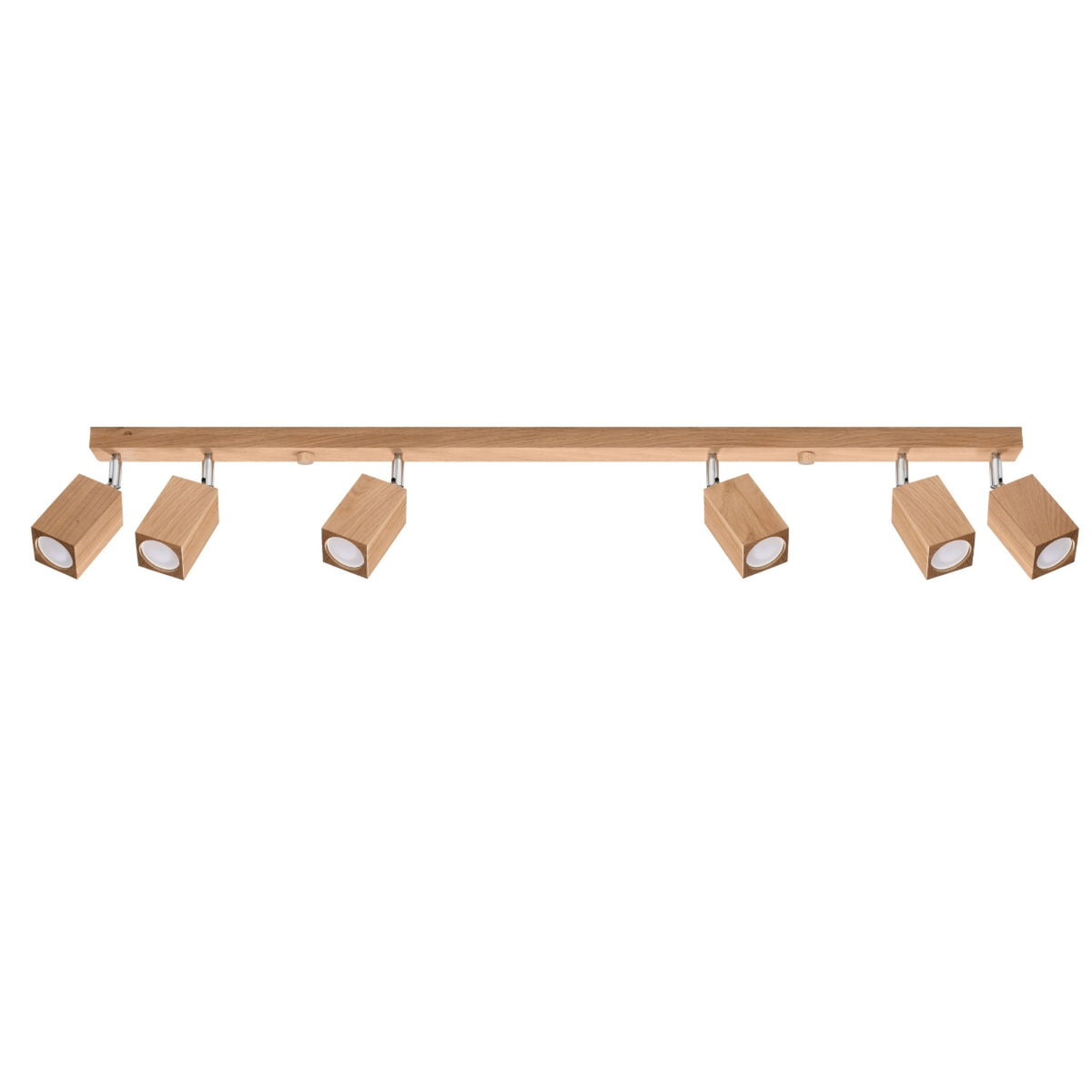 Plafonnier en bois clair avec six spots rectangulaires orientables, vue de face sur fond blanc.