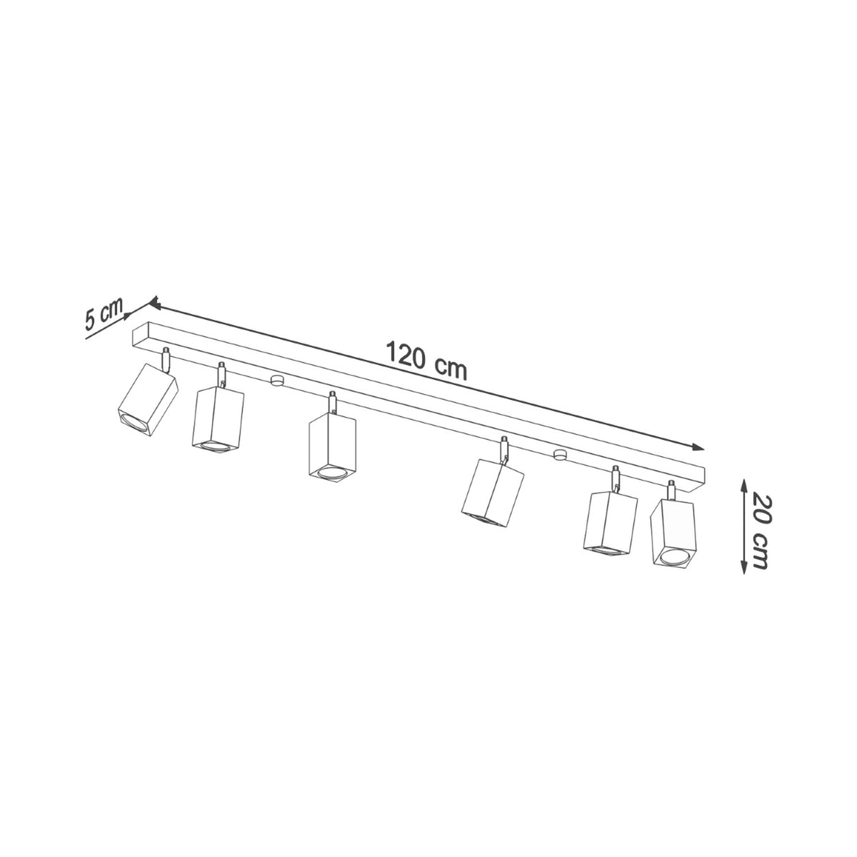Schéma coté du plafonnier : 120 cm de long, 5 cm de large, 20 cm de haut.