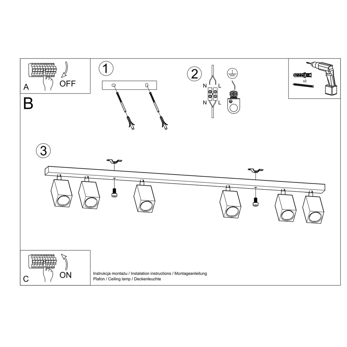 Notice de montage du plafonnier : étapes de fixation au plafond et raccordement électrique.
