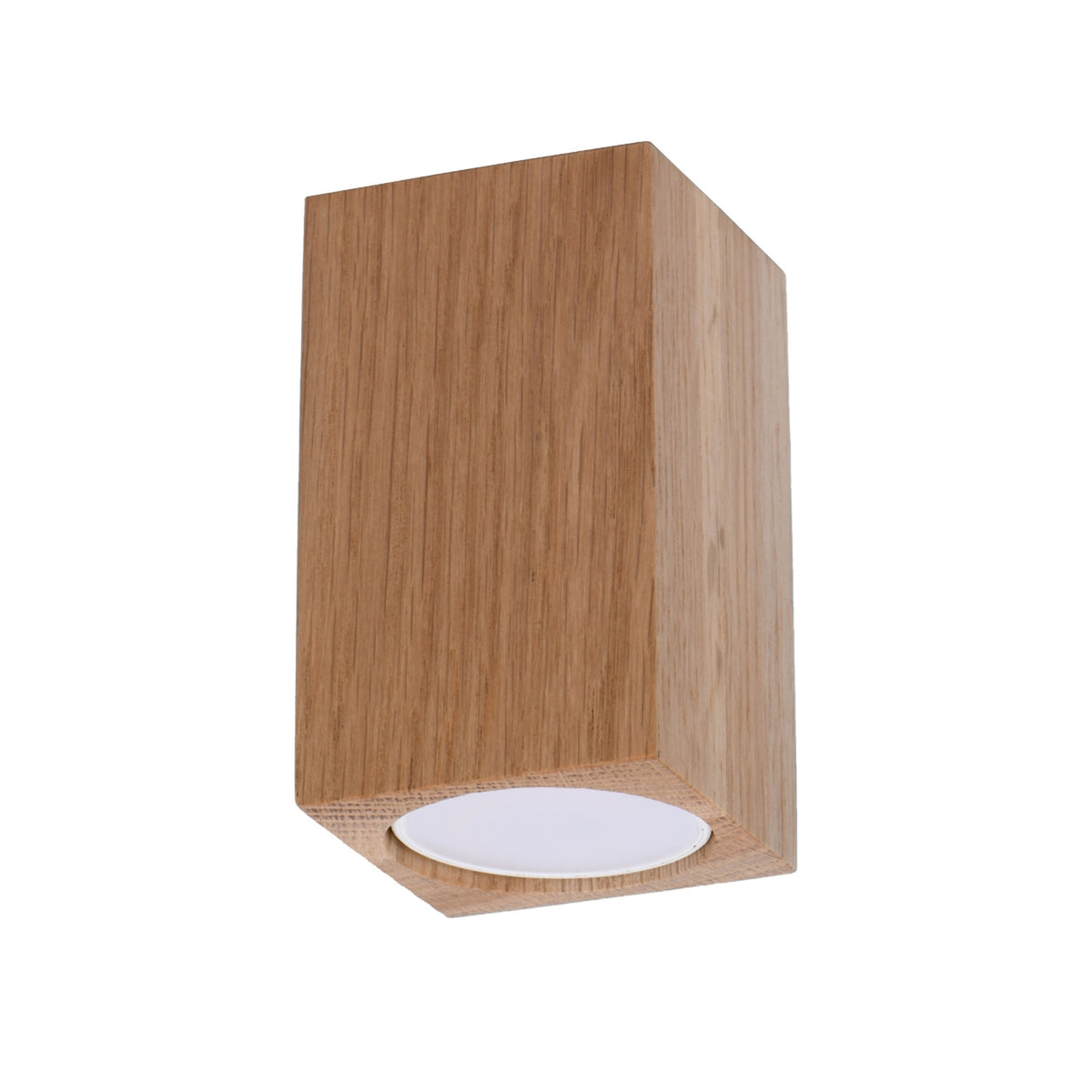 Plafonnier cubique en bois clair de face, diffuseur blanc circulaire sous la base