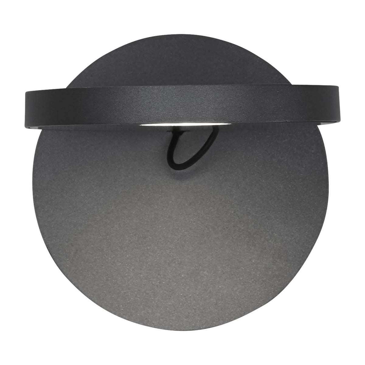 Vue de face du luminaire rond anthracite, bras horizontal et diffuseur LED intégré.