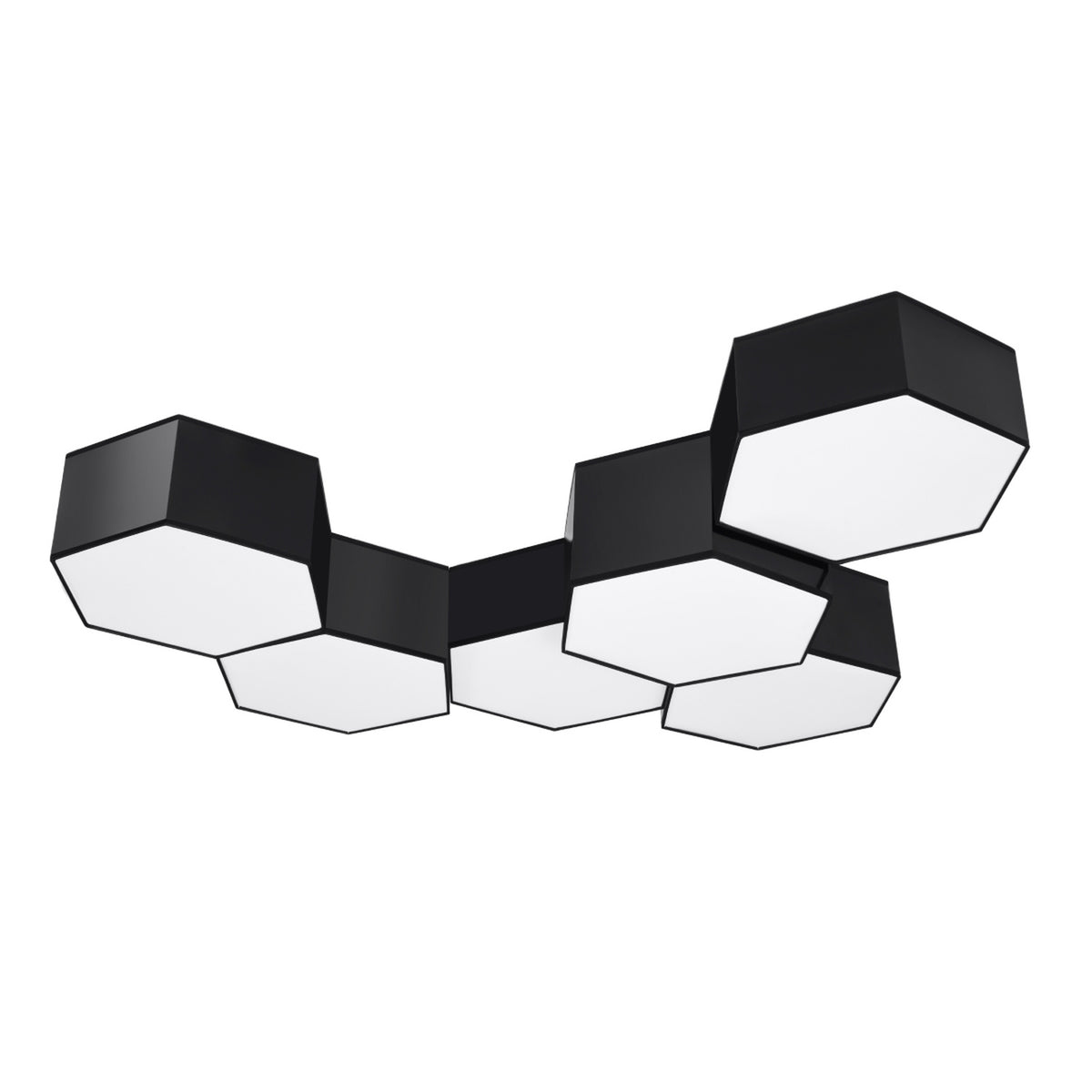 Vue en perspective d'une grappe de modules hexagonaux noirs éteints