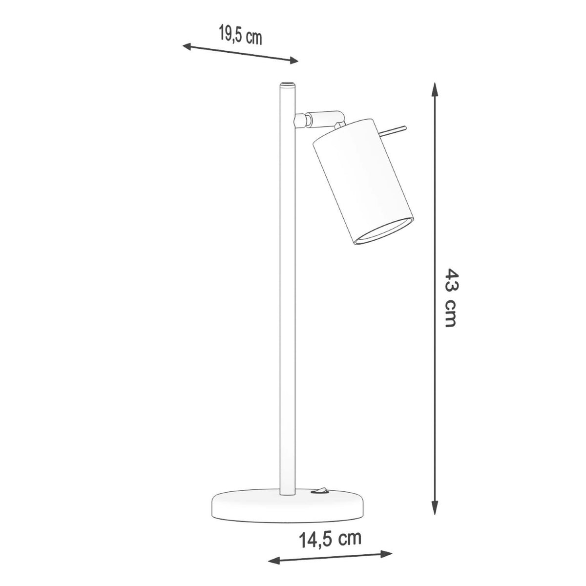 Schéma technique coté : hauteur 43 cm, largeur 19,5 cm et socle 14,5 cm