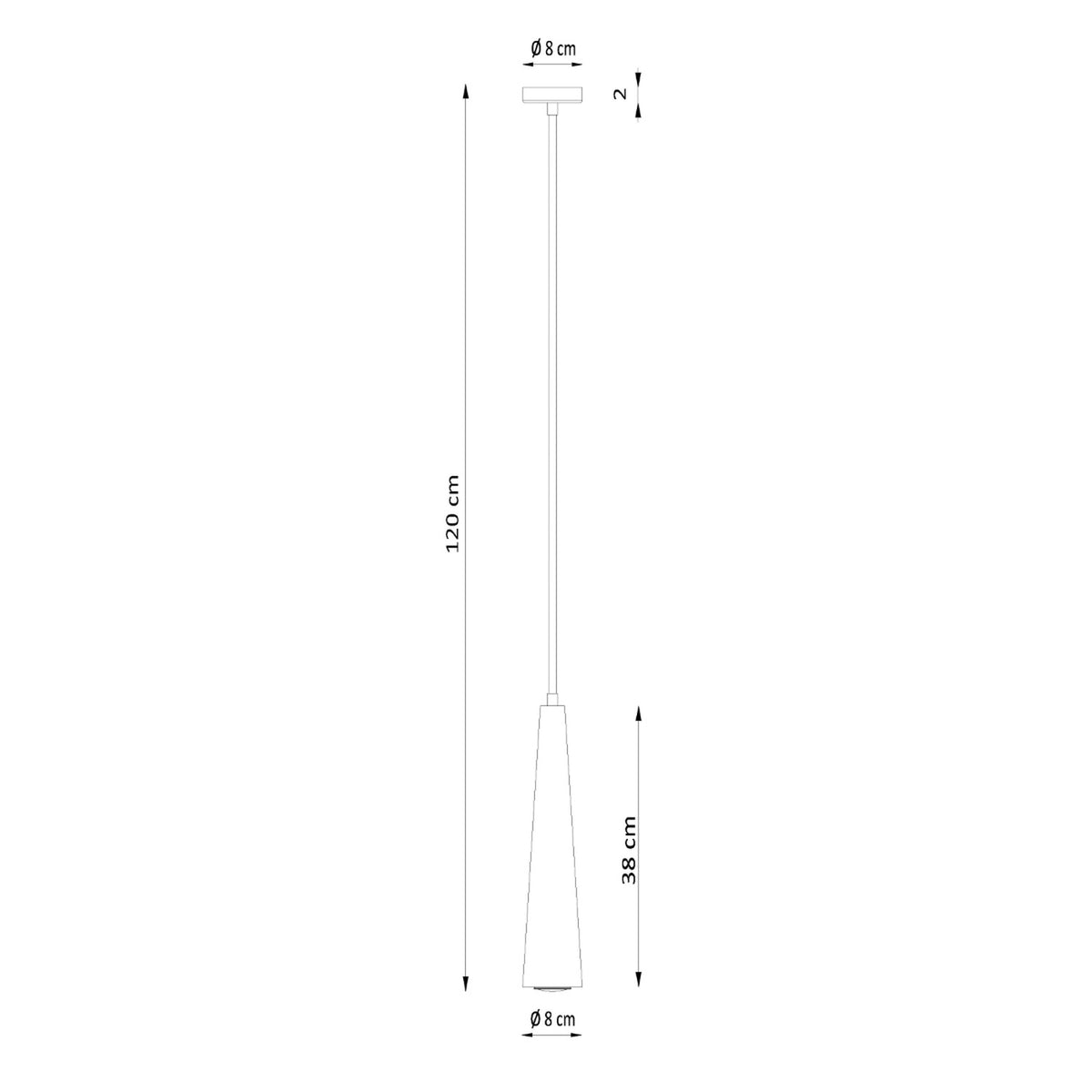Schéma technique coté : hauteur totale 120 cm, abat-jour de 38 cm.