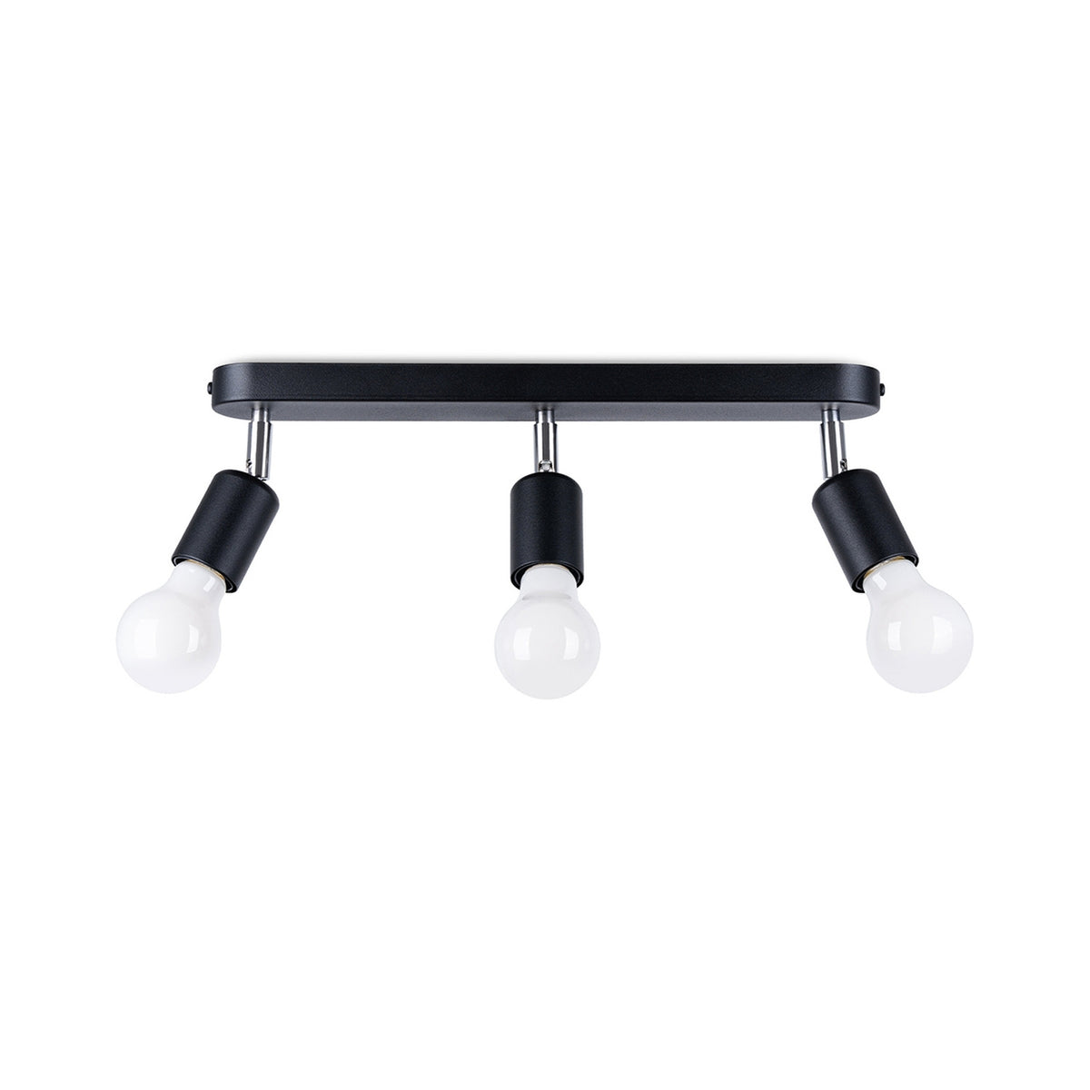 Plafonnier noir trois spots orientables vu de face sur fond blanc