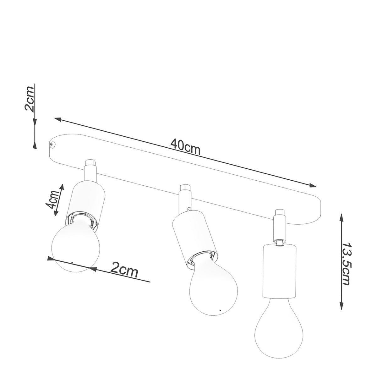 Schéma coté du luminaire, barre de 40 cm et hauteur de 13,5 cm