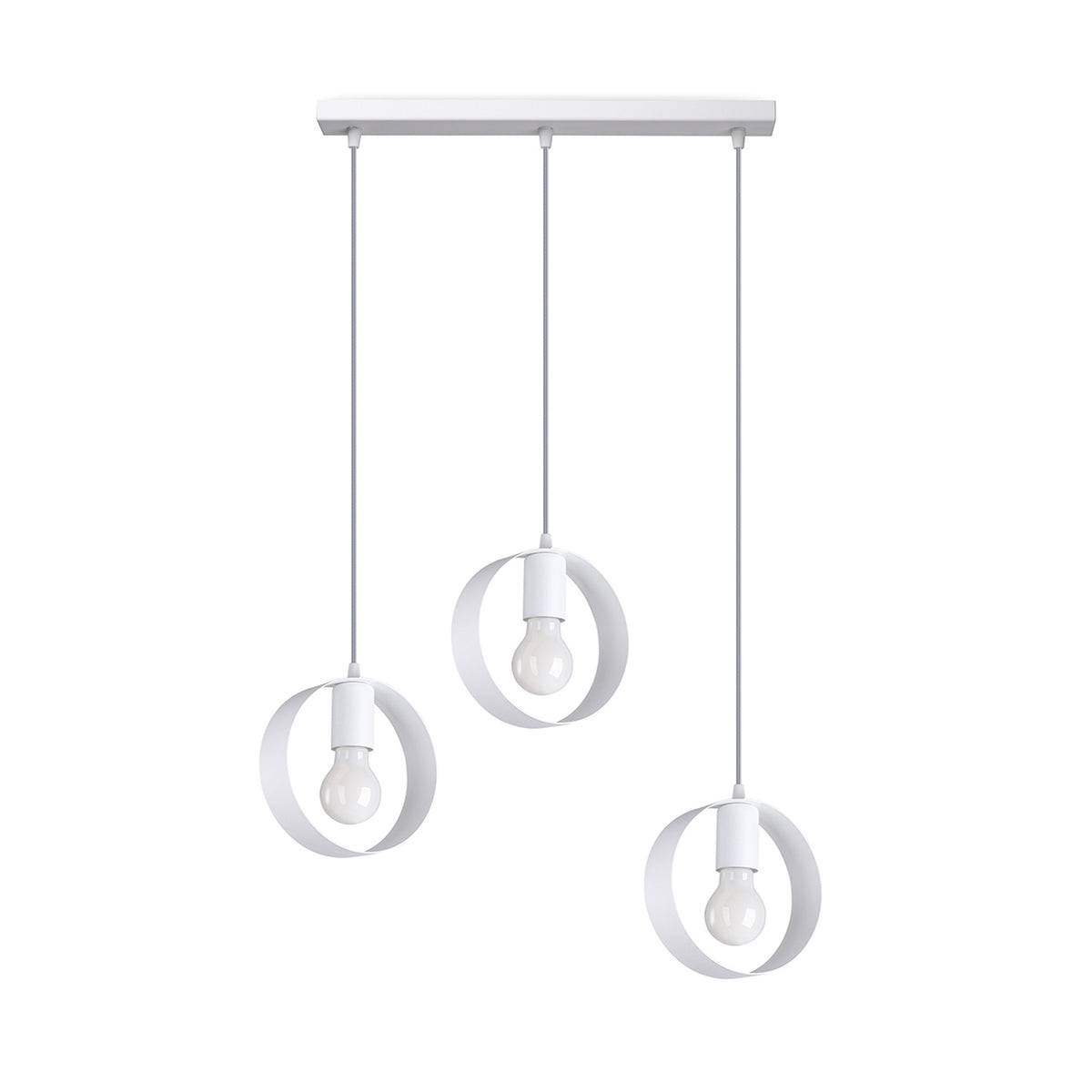 Vue de face sur fond blanc du luminaire à trois cercles blancs.