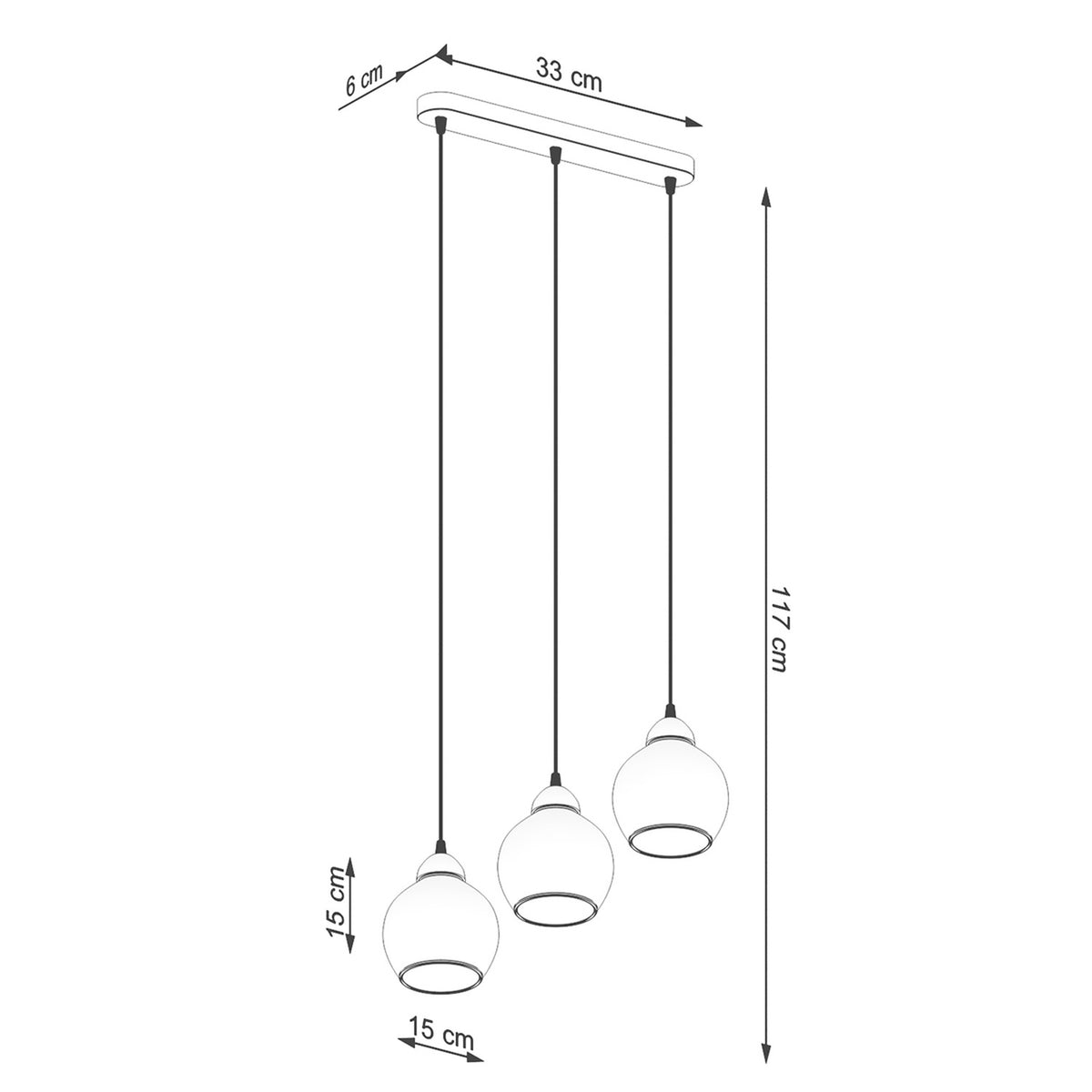 Schéma coté du luminaire avec dimensions 33 cm, 117 cm et 15 cm