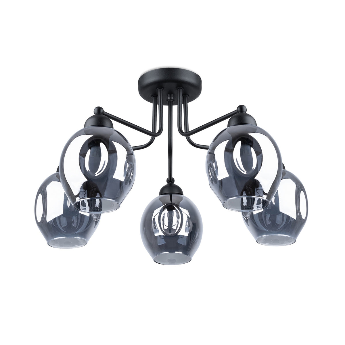 Lustre noir à cinq suspensions en verre fumé, vue de face sur fond blanc.