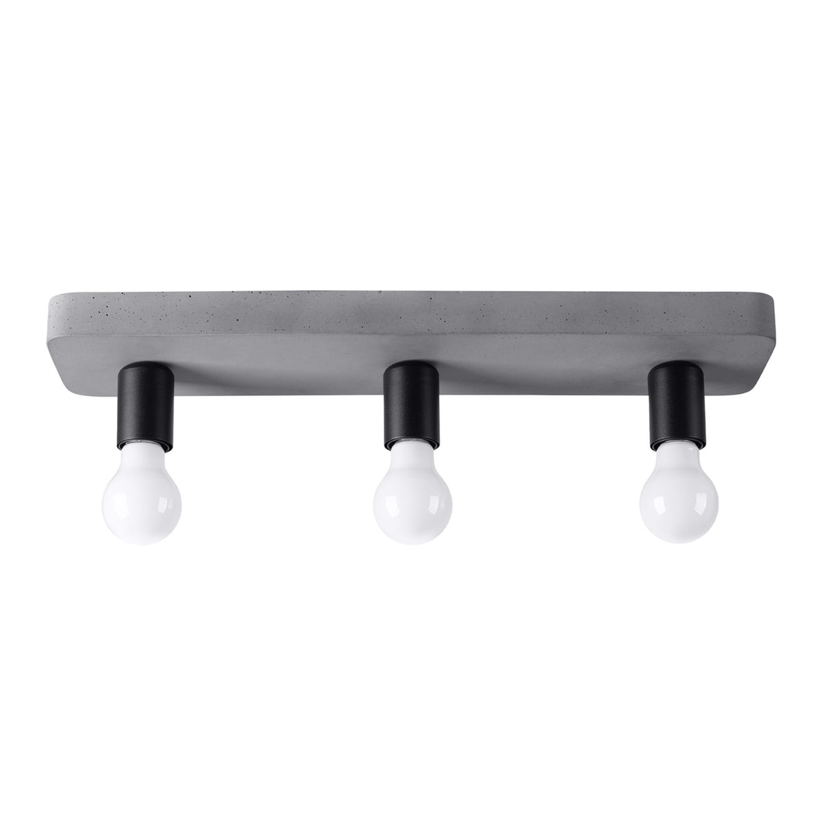 Plafonnier rectangulaire en béton gris avec trois douilles noires et ampoules blanches.