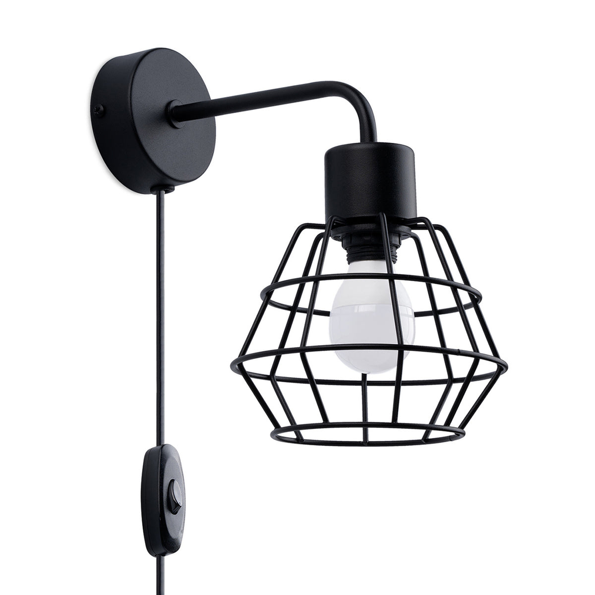 Applique murale noire avec cage métallique, bras coudé et câble avec interrupteur.