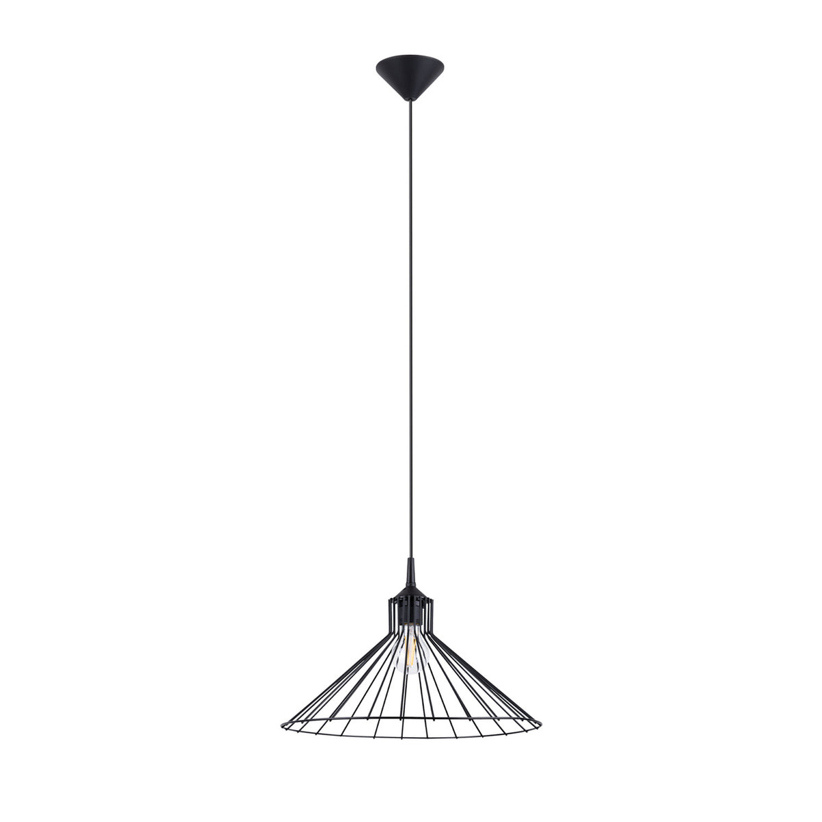 Lampe suspendue noire à cage conique en fil métallique, vue de face sur fond blanc.