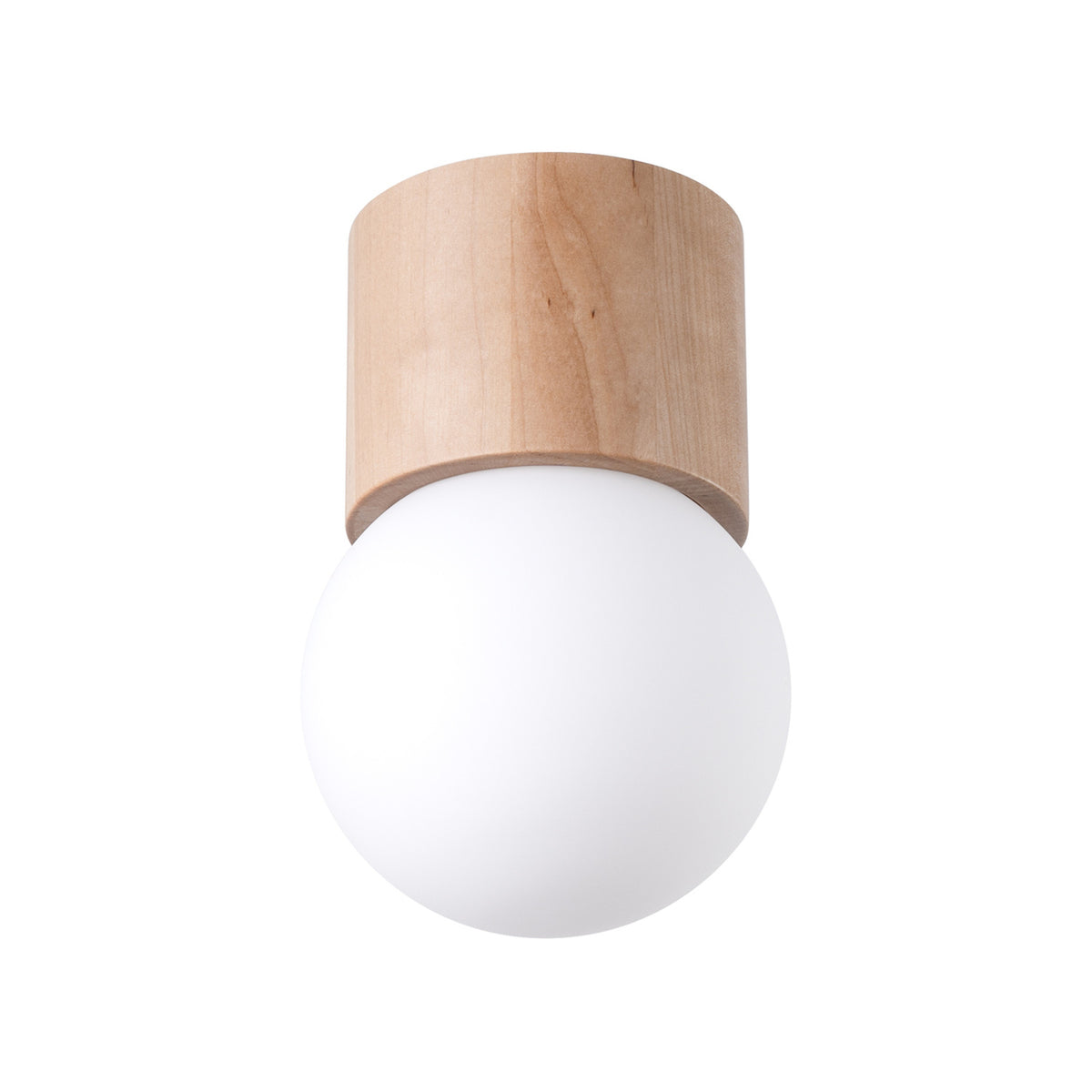 Plafonnier en bois clair avec globe sphérique blanc, vue de face sur fond blanc