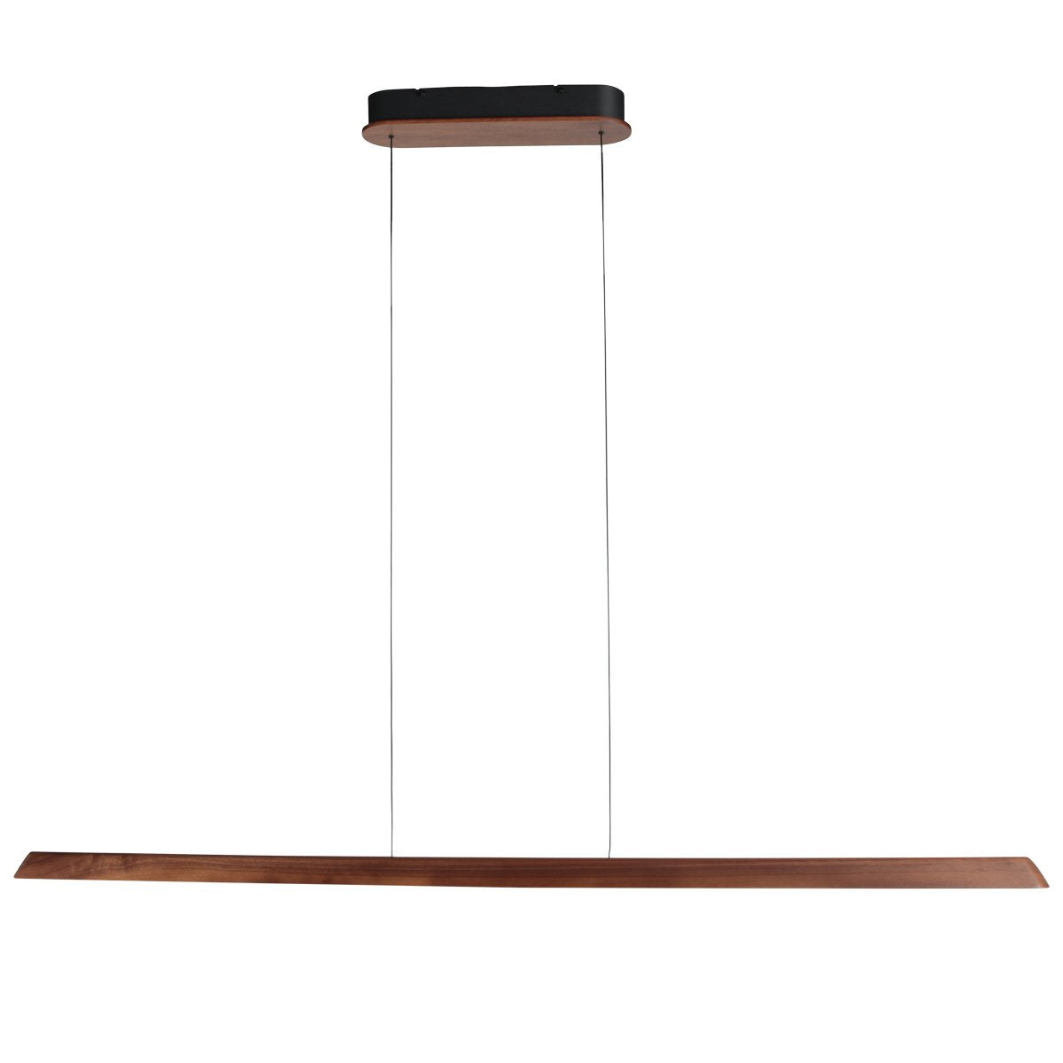 Vue complète de la suspension avec son grand cache-piton ovale en bois et noir.