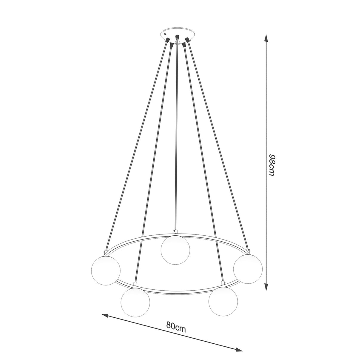 Schéma de dimensions du lustre : hauteur 98 cm et largeur 80 cm.