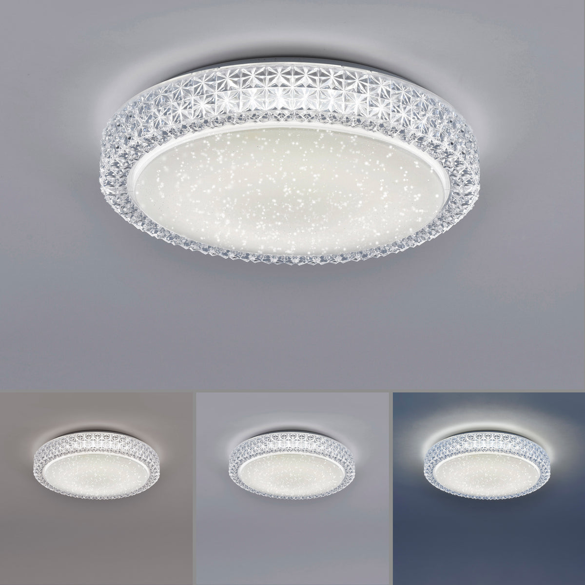 Plafonniers ronds illuminés montrant effet ciel étoilé et trois températures de couleur