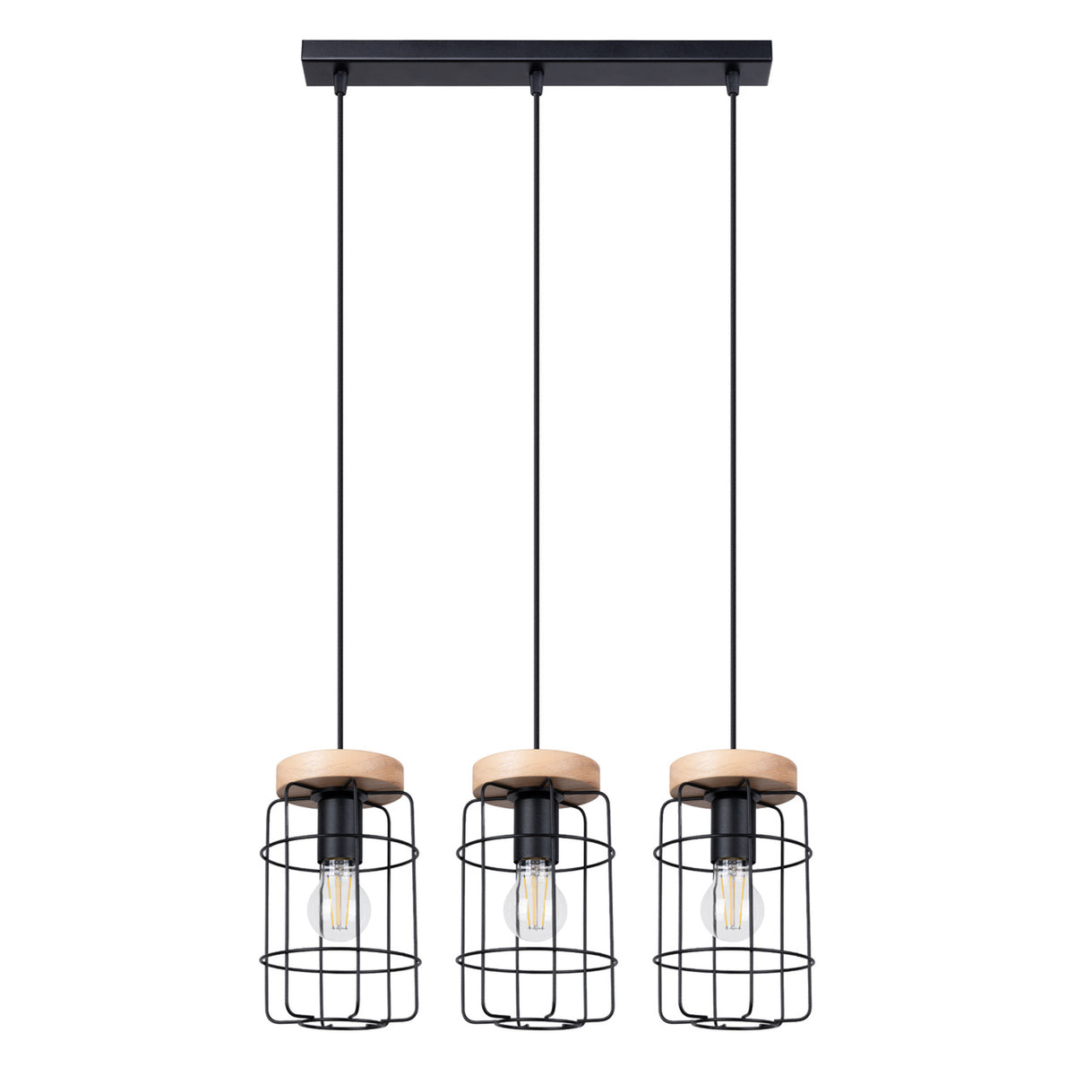 Vue de face du luminaire suspendu à trois cages noires et finitions en bois clair.
