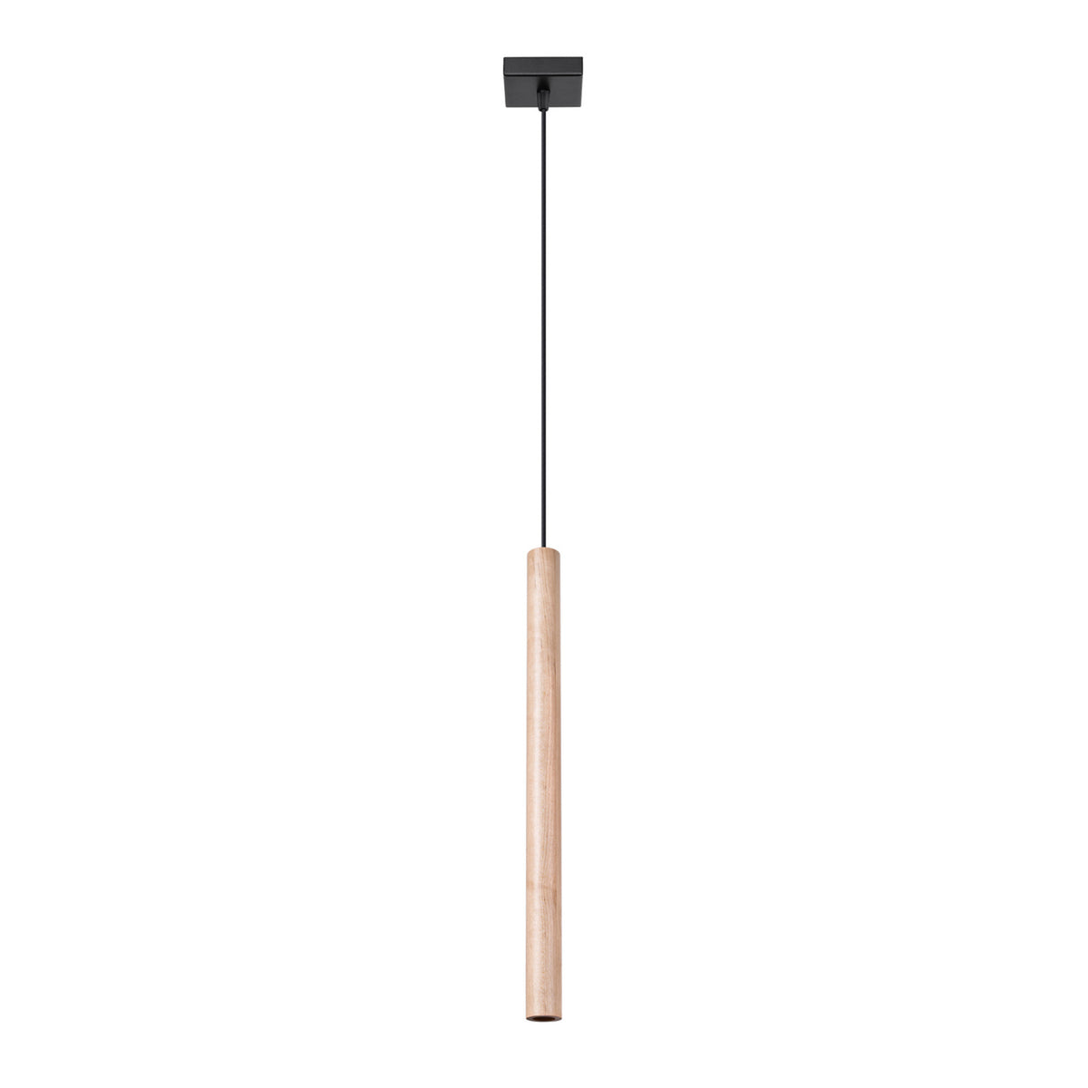 Lampe suspendue vue de face, cylindre en bois clair et câble noir, fond blanc.