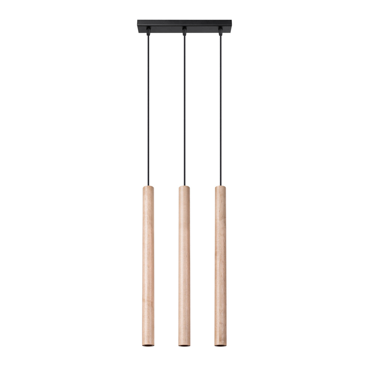 Luminaire suspendu vu de face, trois longs cylindres en bois clair sous support noir.