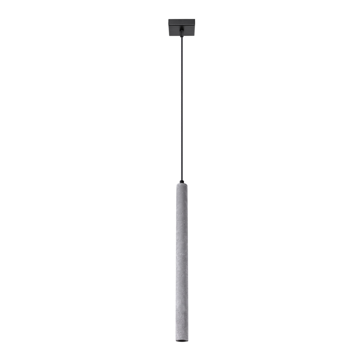 Luminaire suspendu vu de face, câble noir et long cylindre en béton gris.