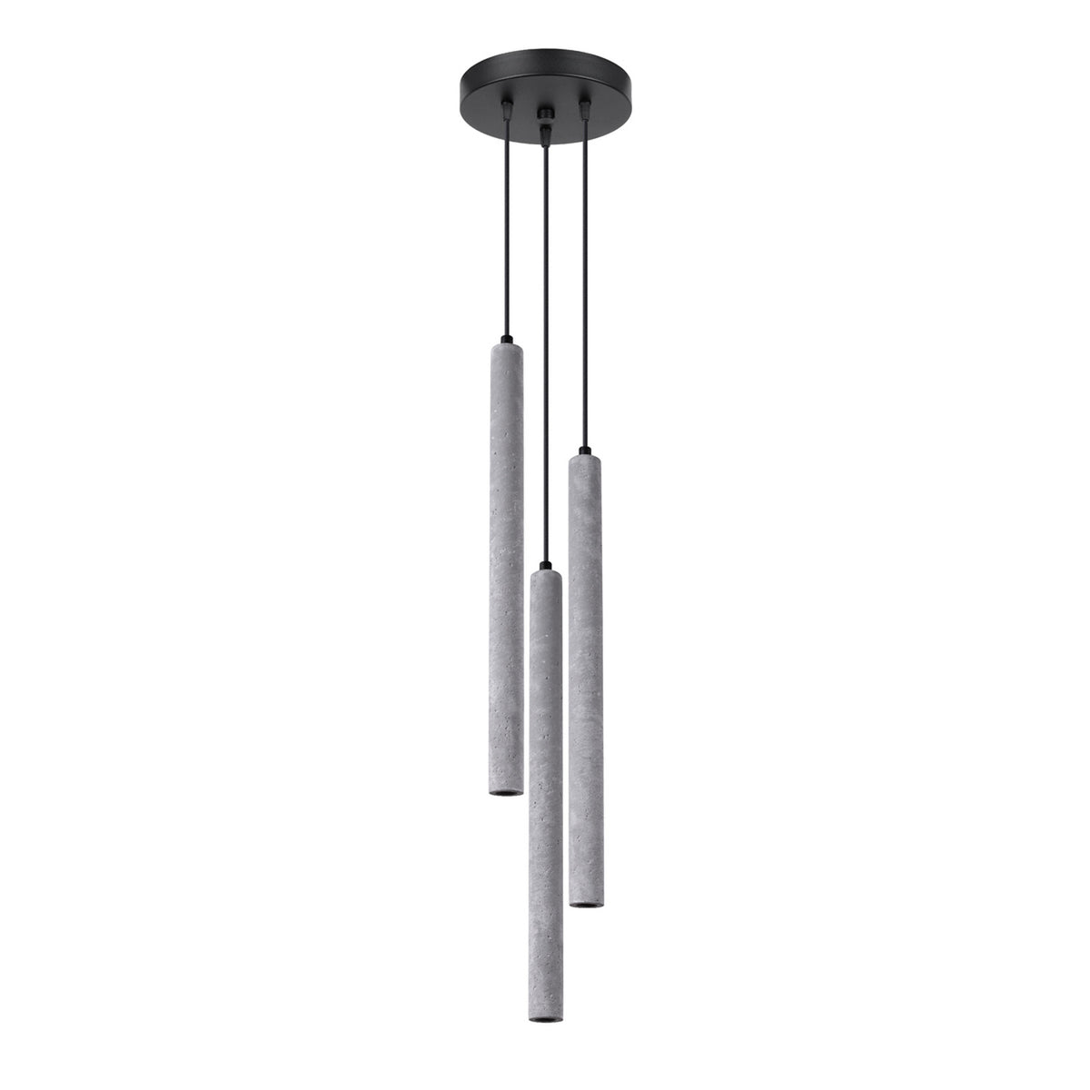 Photo produit de face : trois tubes cylindriques en béton gris suspendus à une rosace noire.