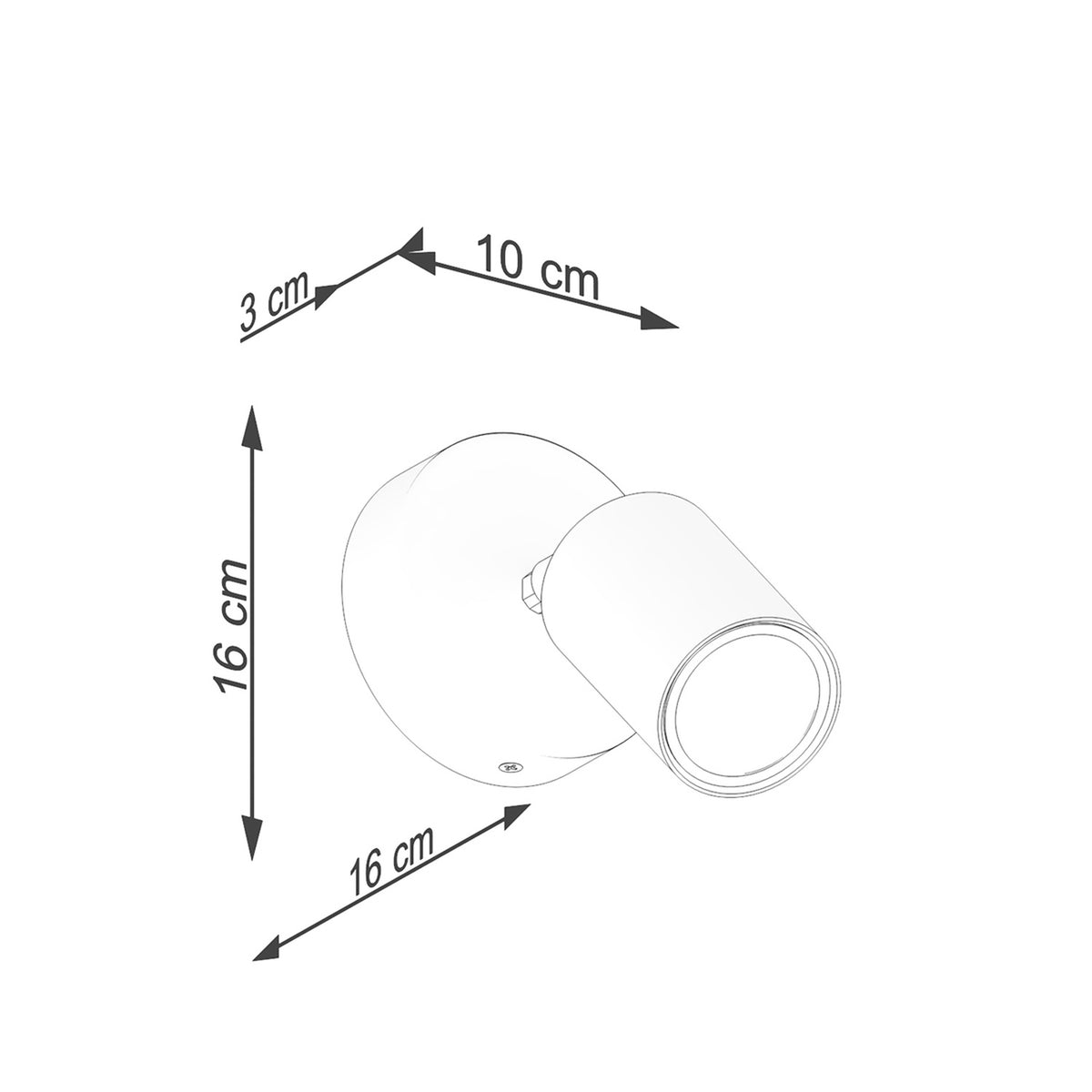 Schéma technique coté indiquant 16 cm de hauteur et 10 cm de profondeur