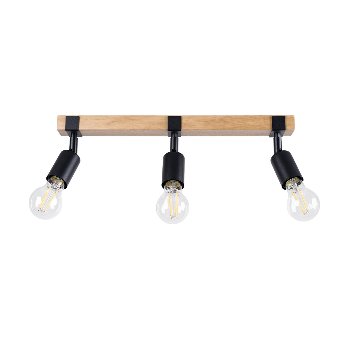 Vue de face du plafonnier linéaire en bois clair avec trois spots noirs orientables et ampoules.