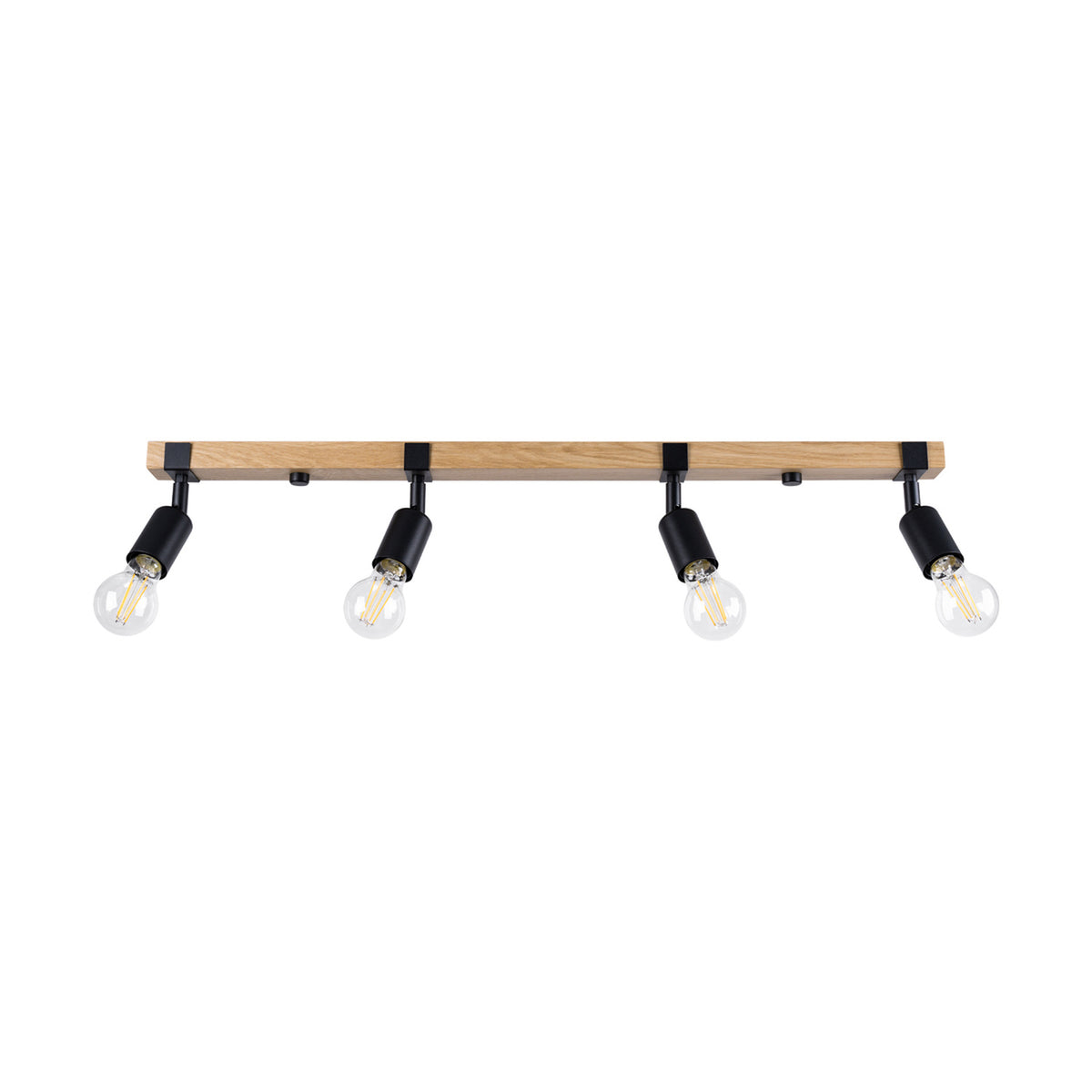 Plafonnier linéaire en bois clair avec quatre projecteurs noirs orientables, vue de face sur fond blanc.
