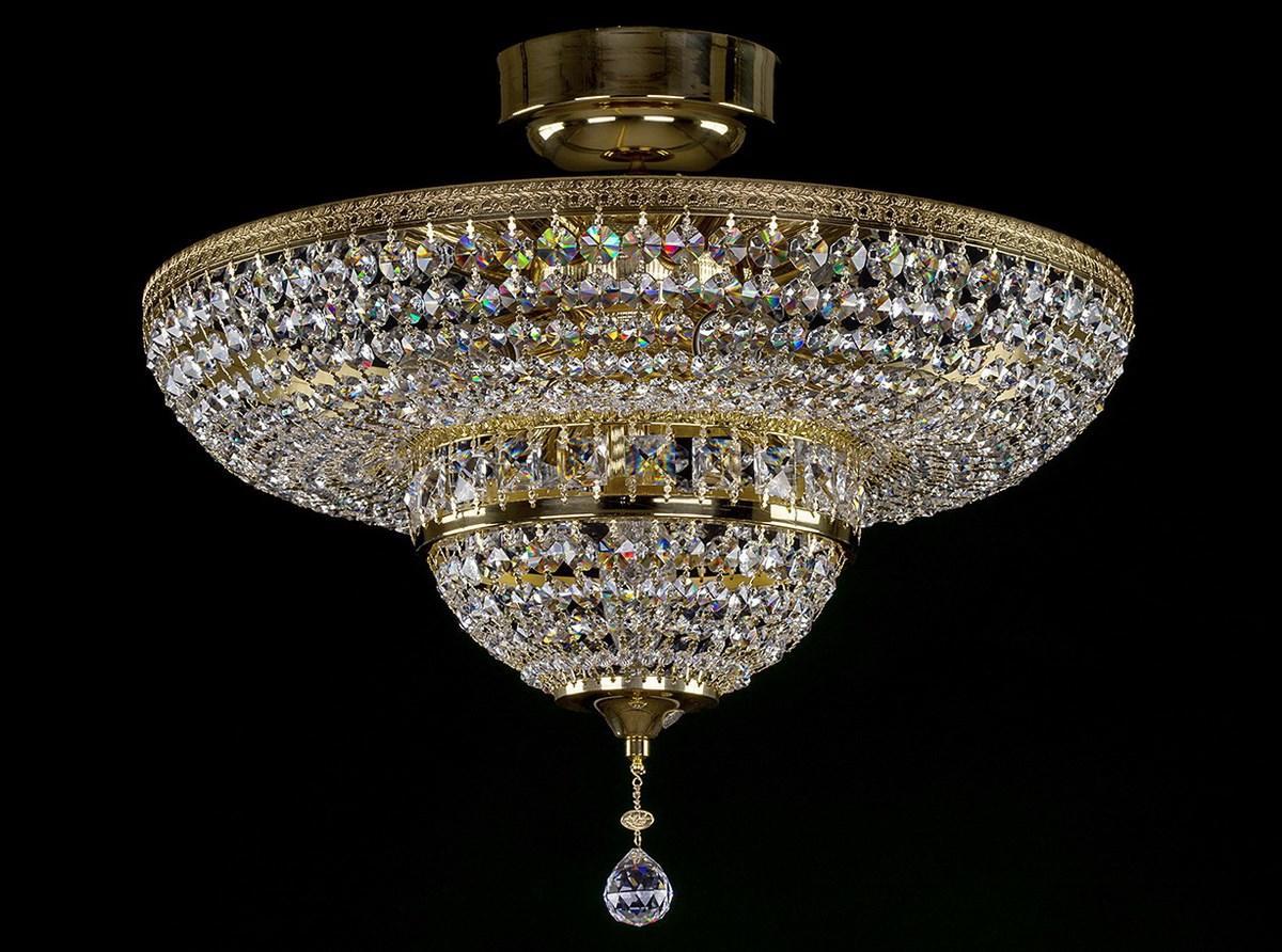 Plafonnier corbeille doré en cristal, vue de face sur fond noir