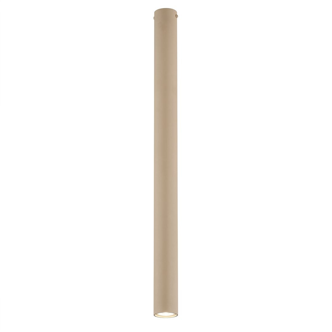 Luminaire cylindrique beige de face sur fond blanc, fixation sommitale visible.