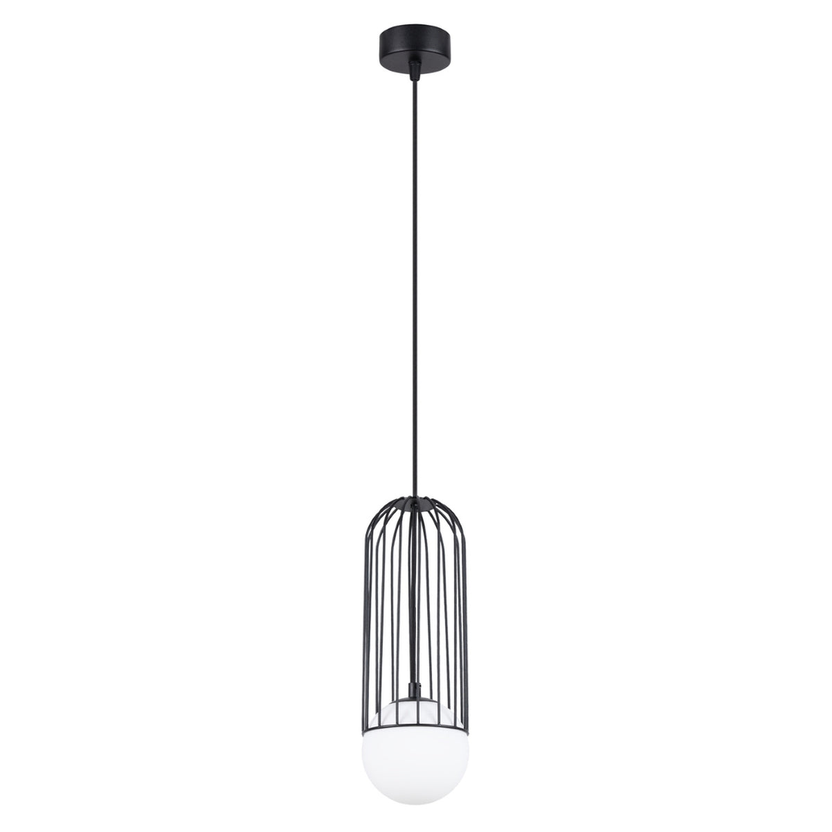 Vue de face du luminaire suspendu noir, cage métallique cylindrique et globe blanc