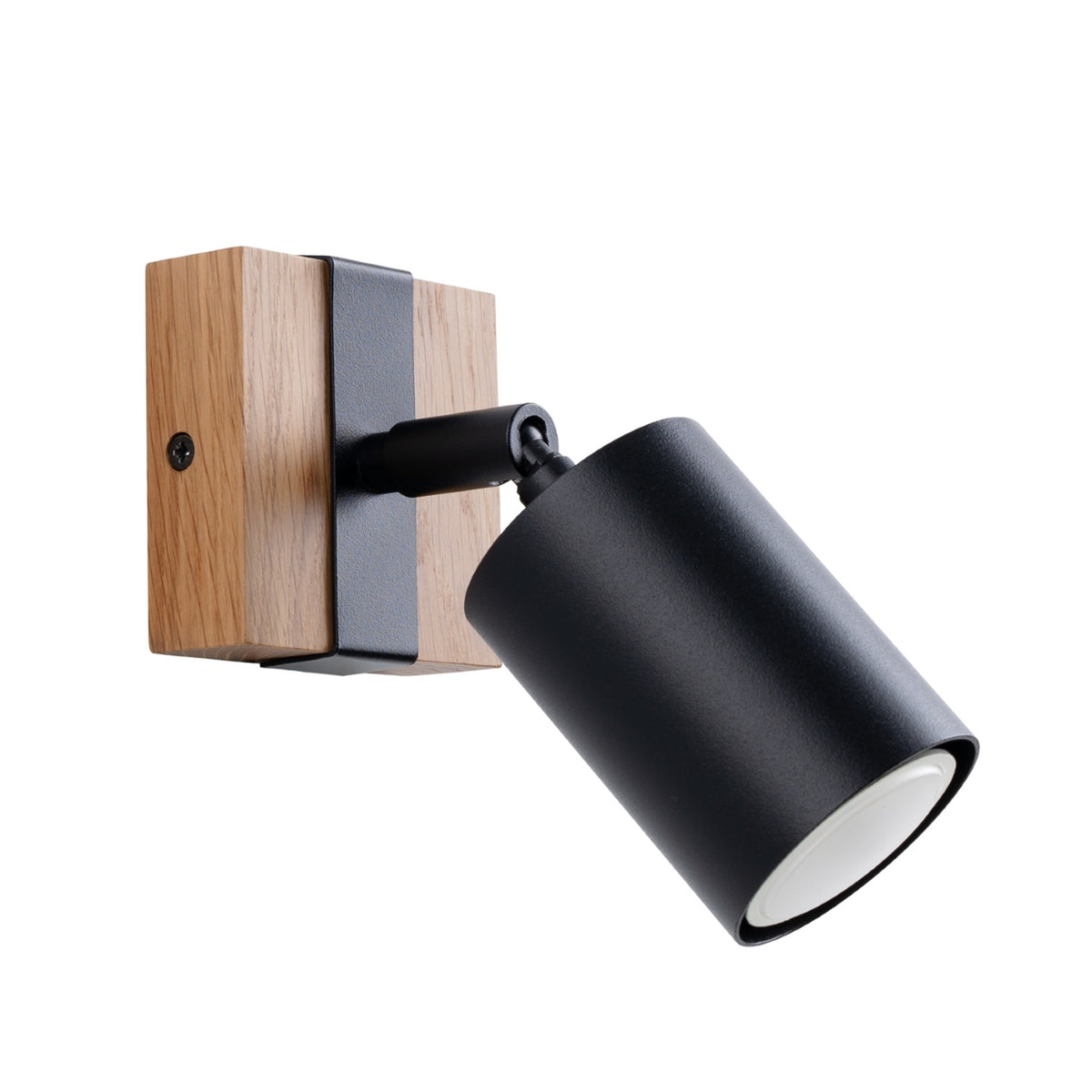 Applique murale en bois clair et projecteur cylindrique noir orientable, vue de trois quarts